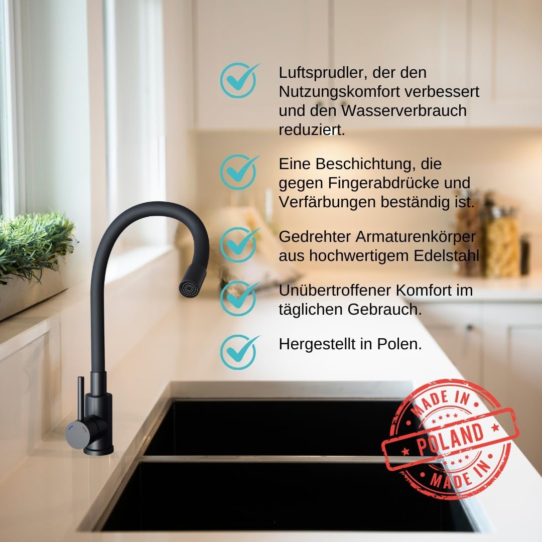 GRANMASTER Gracia Granitspülbecken Komplett-Set, Flexiblen Wasserhahn, Siphon, Seifenspender und Rollmata – 1-komoriger Spülbecken, kratzfest, hitzebeständig, modernes Design für die Küche