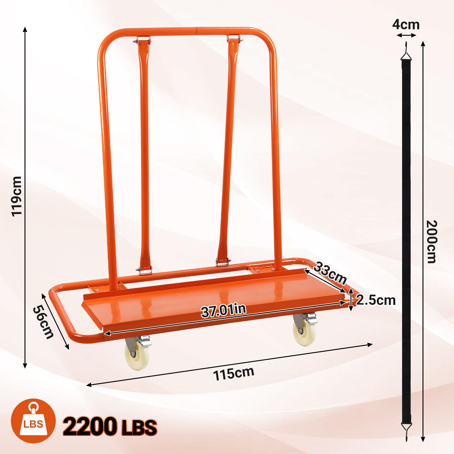 Carrello a pannello fino a 1000 kg, 115 x 56 x 119 cm, con spina, supporto per il trasporto, in acciaio Q235, arancione