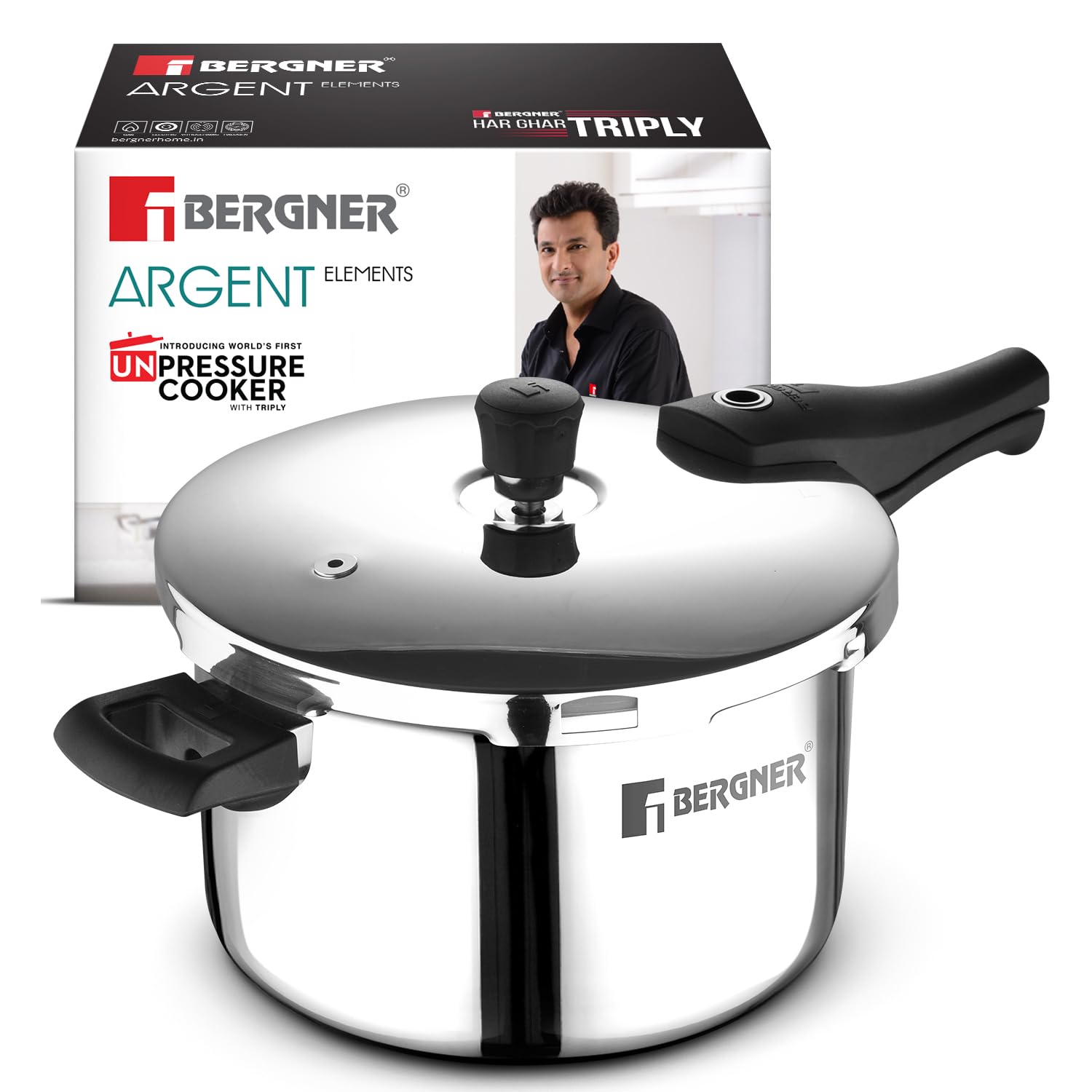 Bergner Argent Elements Triply Stainless Steel 6.5 L Outer Lid Pressure Cooker, Healthy Cooking, Even Heat Distribution, Sturdy Handle, Easy Lock System, Safety Gasket - Induction and Gas Stove Ready