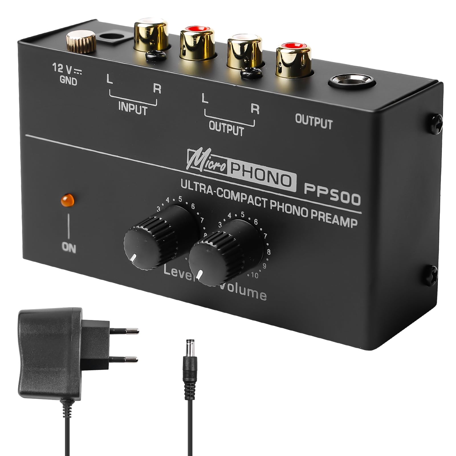 Phono preamplificatore giradischi, preamp RCA stereo con adattatore DC 12V, nero