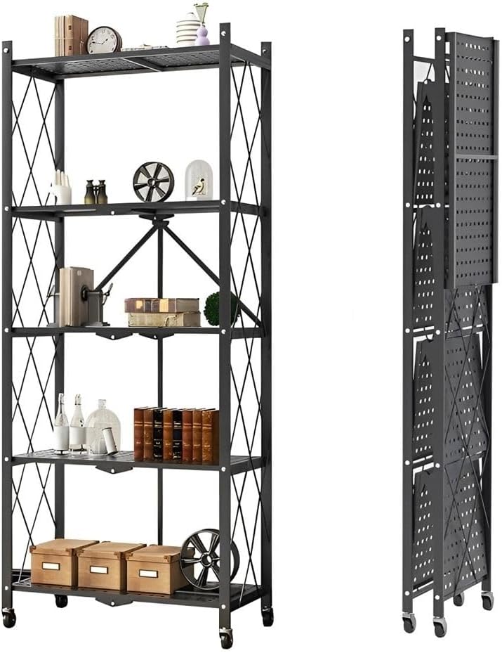 HEXAR® 5 Tier Foldable Storage Organizer Heavy Duty Metal Rack Storage Shelving Unit with Wheels Kitchen Cabinet Multipurpose Shelf Storage Rack for Living Room Bedroom Kitchen (5 TIER)