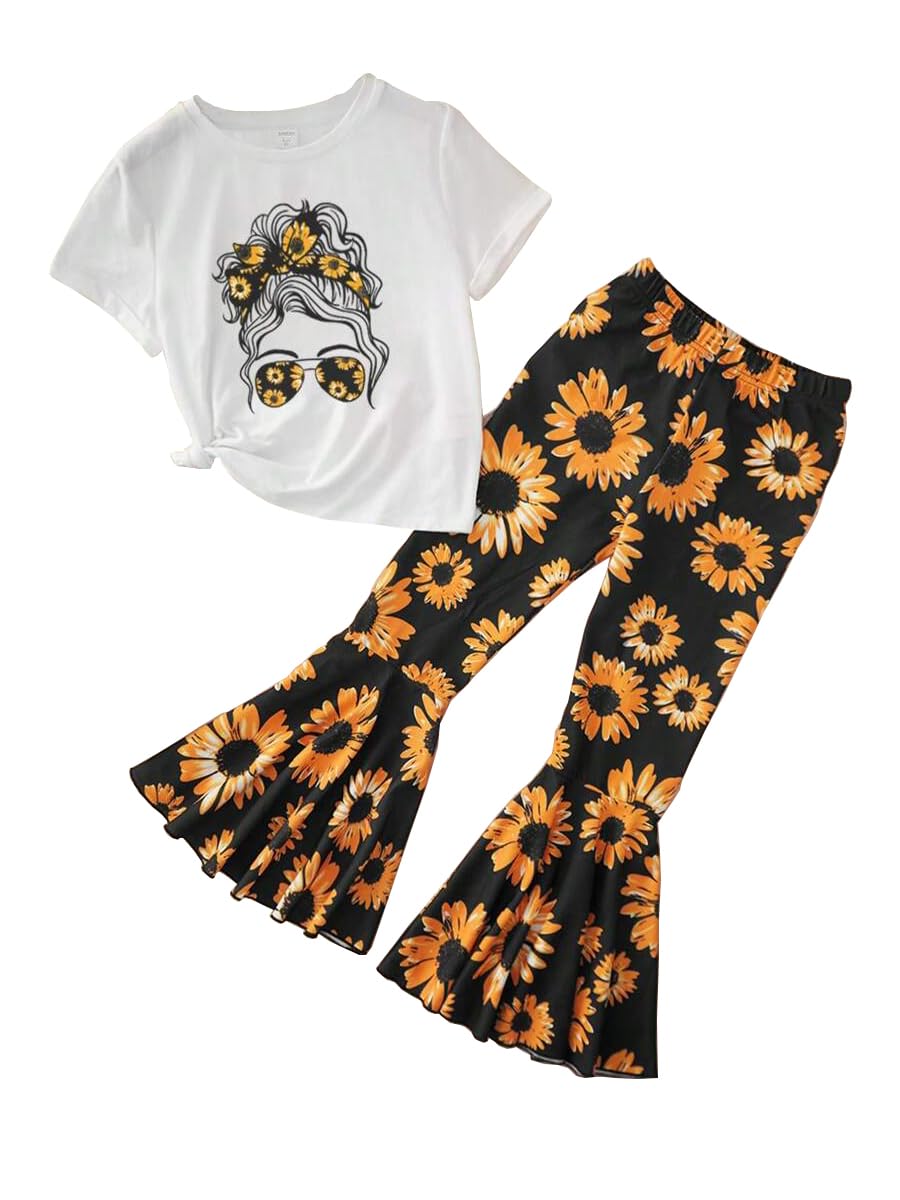 Ayzozuy Kids Toddler Girl Clothes Letter Print Graphic Top + Leopard Print Flare Leg Pants 2PC Summer Clothing Set