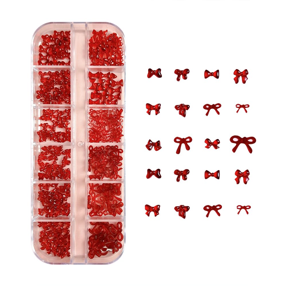 HugeDE 12 Grid Red Bow Nail Charms Resin Manicure Design Stud Charms 3D Bowknot Nail Art Jewelry Small Manicure Gems Beads Flatback Scrapbooking Decoration for Women Girls