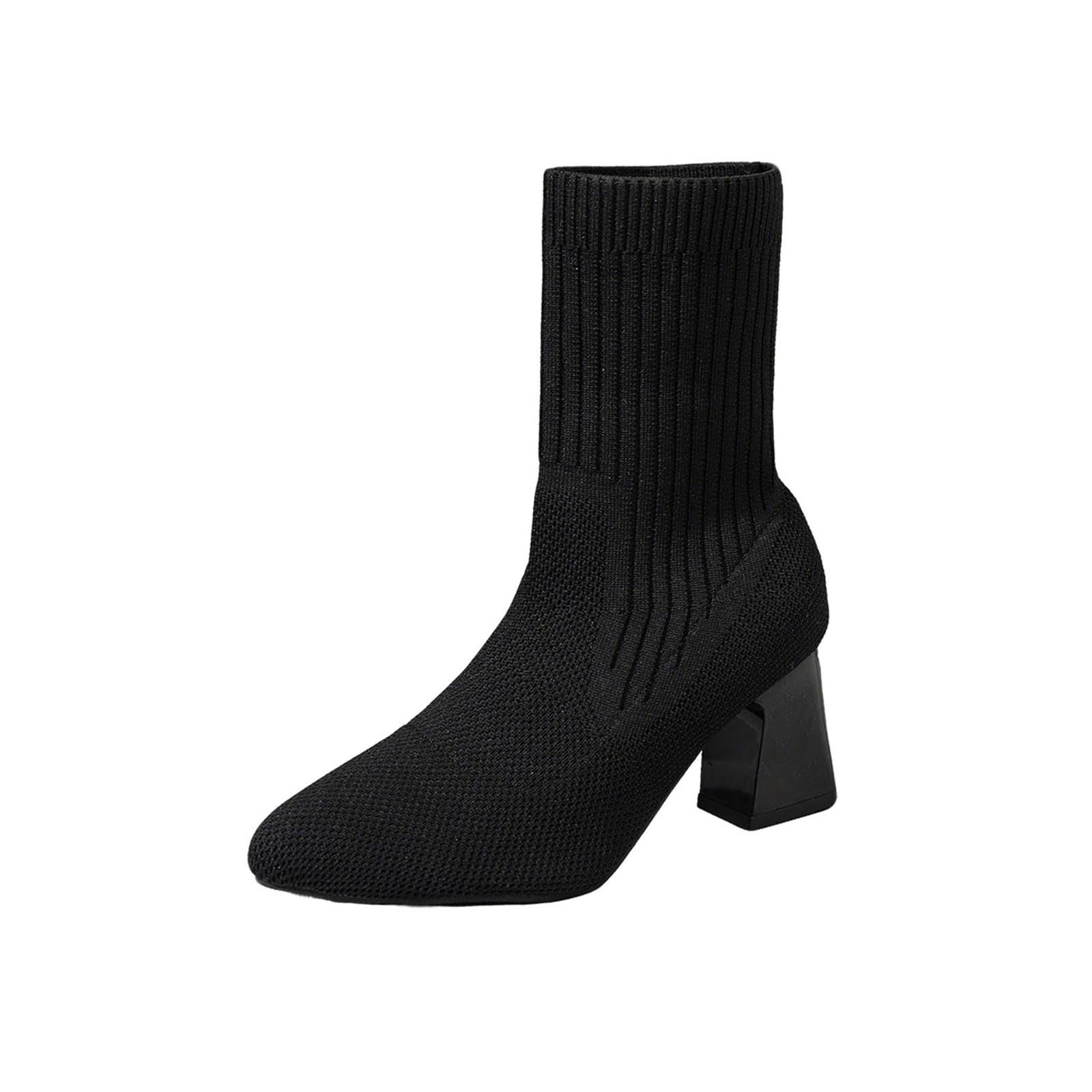 Women Sock Booties Fall Winter Stretch Knit Boot Slim Fit Sexy Mid Calf Shoe Pointed Toe Chunky Low