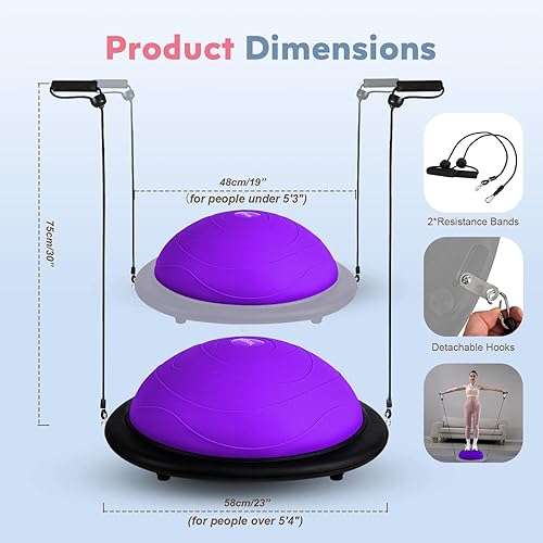 Miniatura 6 de Entrenador de media pelota de equilibrio, media pelota de ejercicio inflable con pelota de pilates y bandas de resistencia, media pelota de yoga