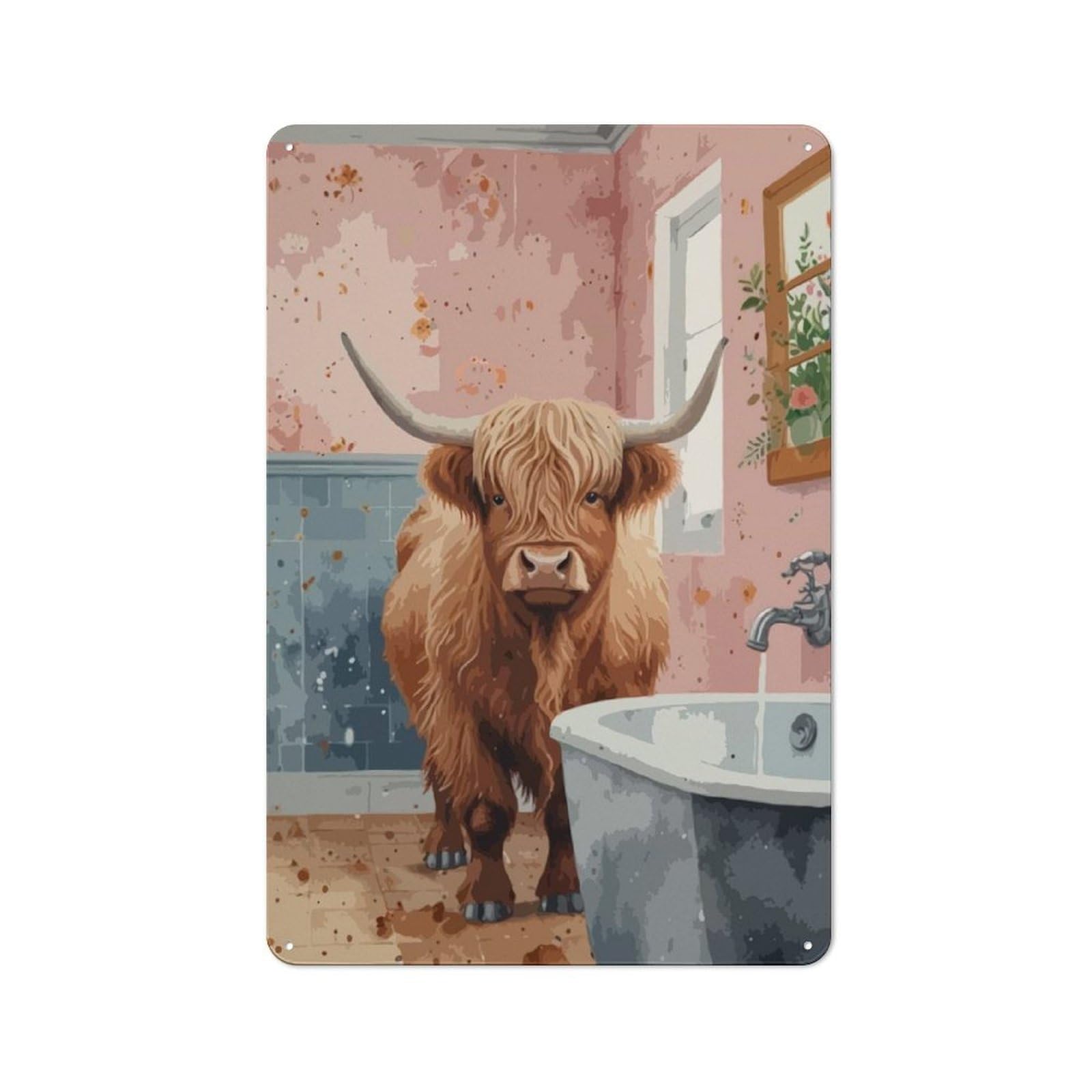 Junmoney Style-20 Vintage Tin Sign With Highland Cow In Bathroom Design 30X20cm, Nostalgic Nostalgic Wall Art For Living Room, Hallway, Kitchen Or Cafe