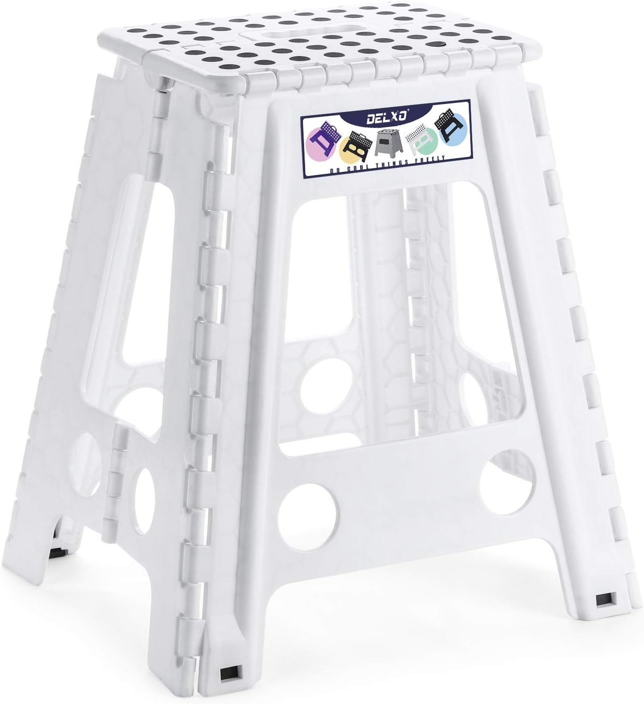 Delxo 18” Folding Step Stool in White,1 Pack Premium Heavy Duty Foldable Foot Stool for Adults,Portable Collapsible Plastic Step Stool,Non Slip Folding Up Stools for Kitchen Bathroom Bedroom