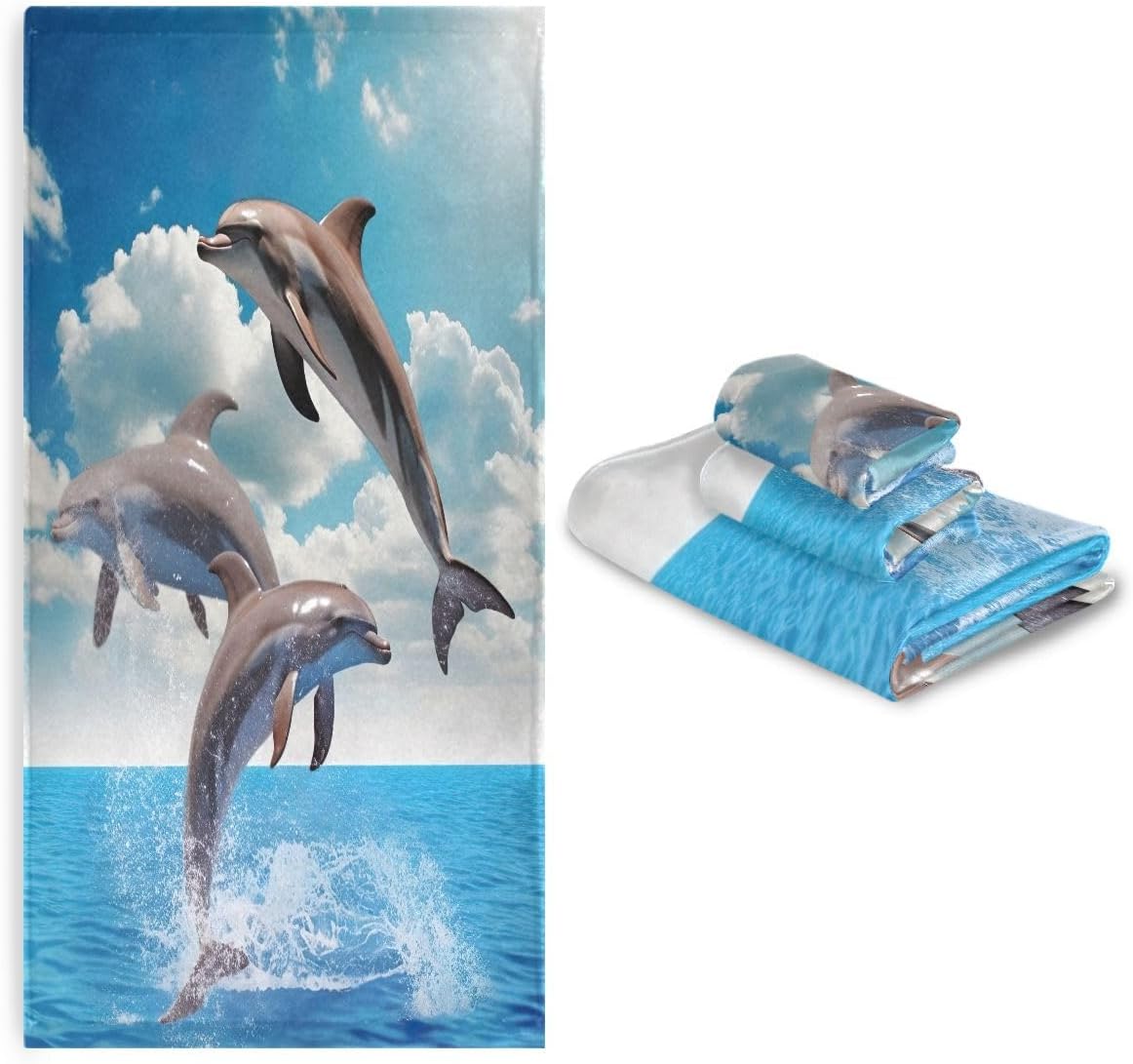 Nander 3 Piece Soft Cotton Towel Set - Eco Friendly, 1 Bath Towel, 1 Hand Towel, 1 Washclothe - Jumping Dolphins Blue Ocean