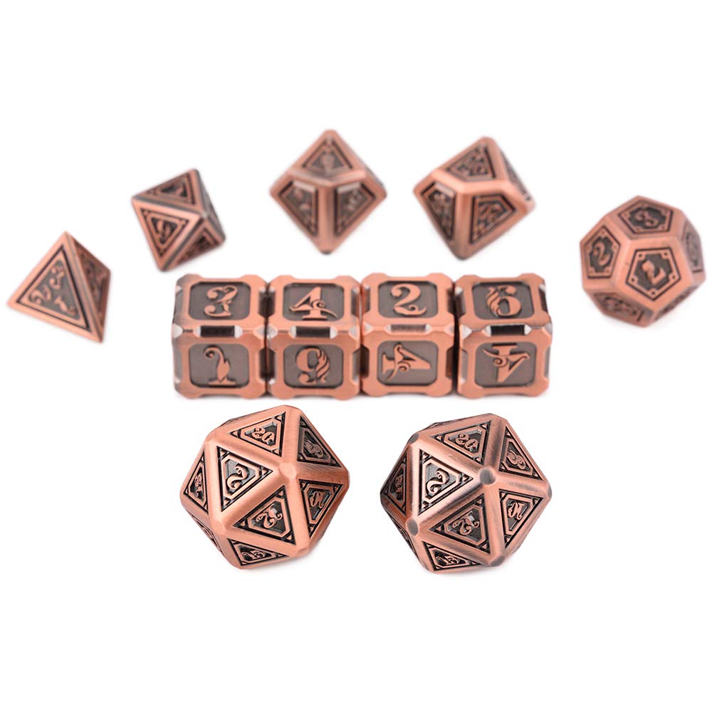 Fantasydice Lot de 11 dés polyédriques en métal motif dragon cuivré pour D&D, DND, Shadowrun, Pathfinder, Warhammer, Call of Cthulhu et plus encore