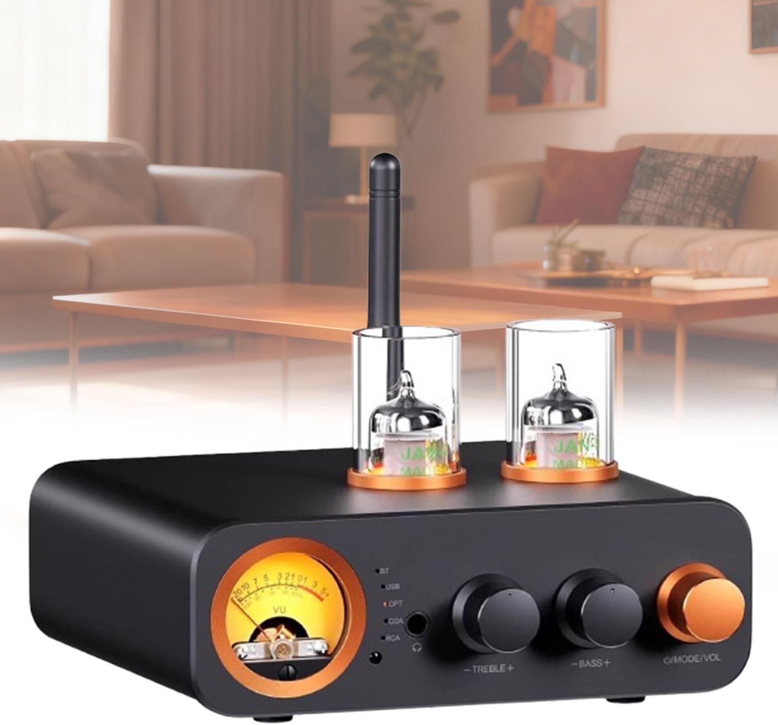 2 Channel Integrated Amplifier with DAC, Bluetooth, Vintage VU Meter, for HiFi Speakers and Headphones