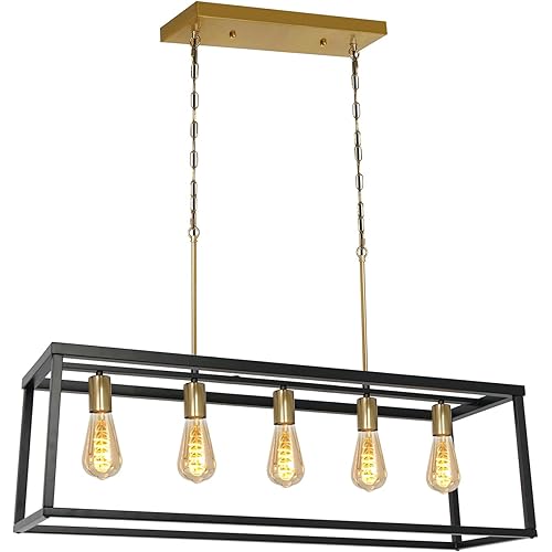 Modern Farmhouse Kitchen Island Lighting Gold Chandelier Industrial Dining Room Rectangular Light Fixtures for Living Room Bar (Black & Brass, 5-Light)