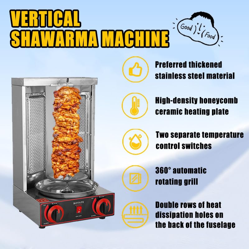 Gazowy pionowy grill rożen – idealny do shawarmy, kebabów, tacos – idealny na imprezy, catering, restauracje – obrotowy grill rożen 360°, maszyna do grillowania shawarmy black