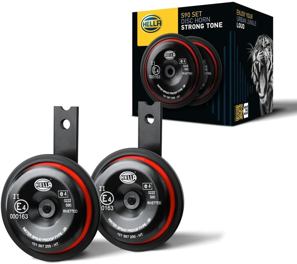 HELLA Signal Horn - STYLE HORN S90 SET - 12V - 111dB(A) - Frequency Range: 350/415Hz - High Tone/Low Tone - Electric - Flat Plug-in Connector - Quantity: 2 - 3AM 922 000-971