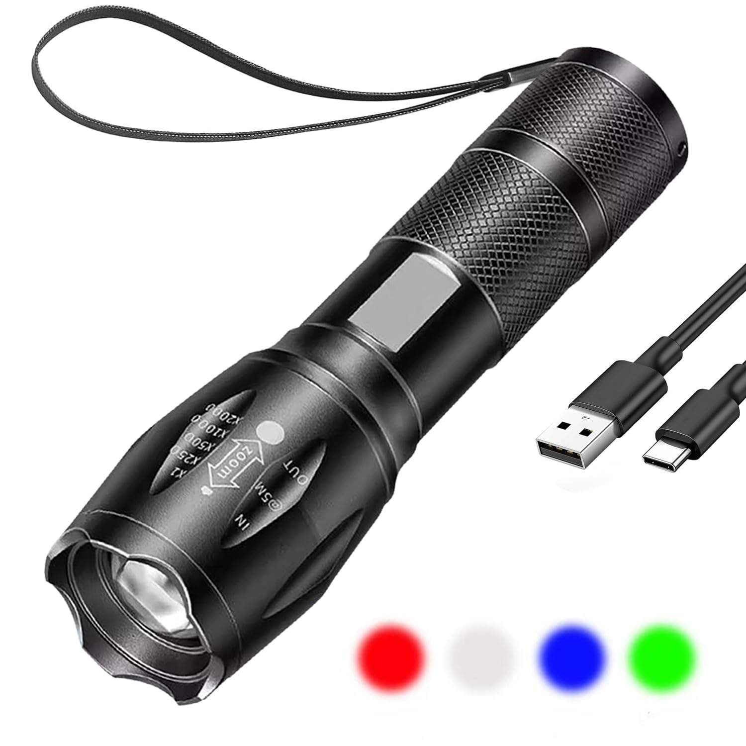 4 in 1 Red Green Blue White LED Torch Rechargeable, Super Bright Adjustable Focus Flashlight,4 Lighting Modes Waterproof Pocket Torch for Emergency,Fishing,Camping, Hiking,Outdoor
