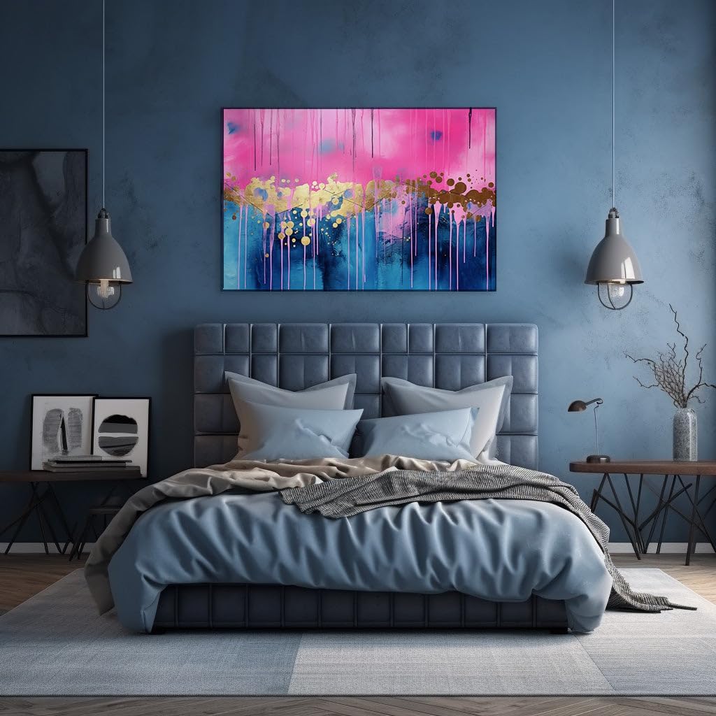 Canvas for Living room. Golden Hues and Dreamy Blues: A Fusion of Color in Abstract Artistry, 27 x 18 inch Canvas Wall Art - Ready to Hang - 69x46 cm (27x18 inch)