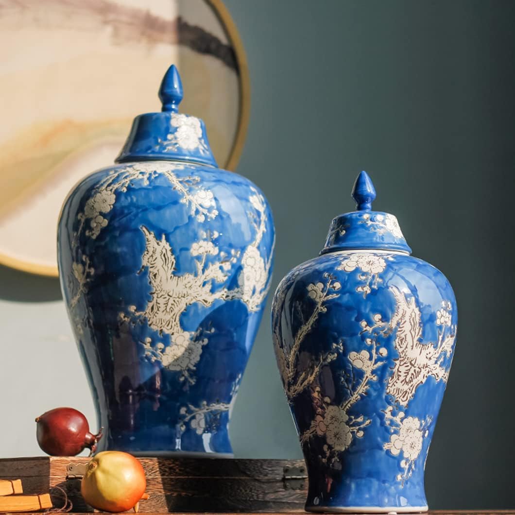 Ceramiczny słoik, Niebieskie wazony ceramiczne Słoik na imbir z pokrywką do wystroju wnętrz Wzór kwiatu śliwki Słój świątynny Wazon(16 * 46cm)