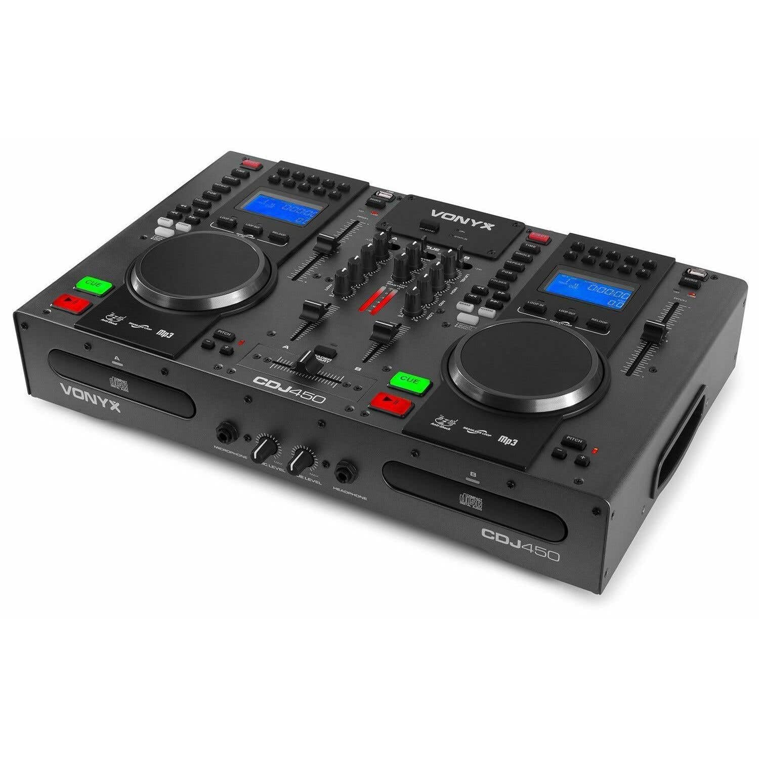 Vonyx CDJ450 - Double Lecteur CD/MP3/USB/Mixeur avec Bluetooth, 2 Canaux, Fonctionnalité Auto-Cue, Molettes Intégrées, Sorties Master et Record, Parfait pour DJ Amateurs ou Professionnels