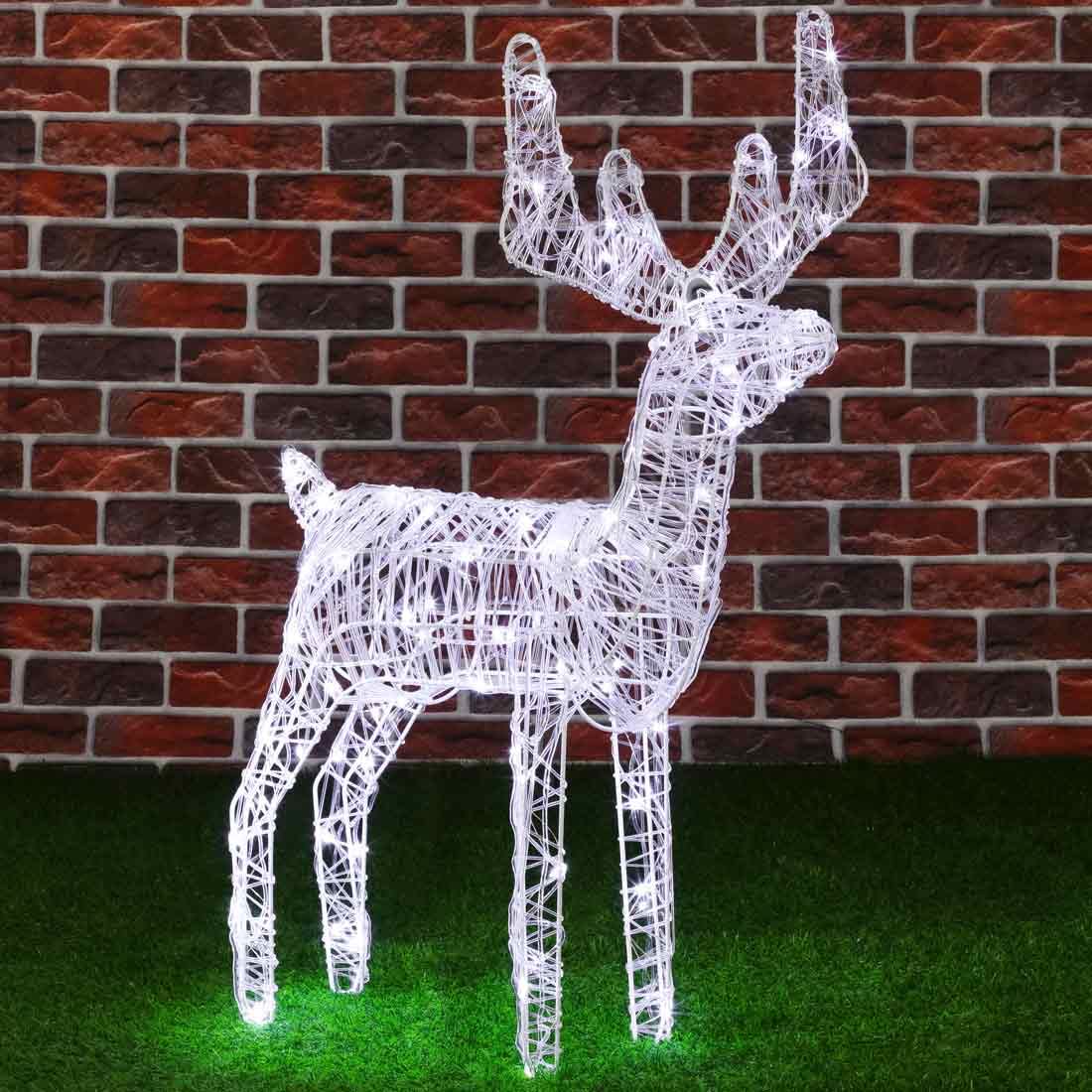 BAKAJI Reno navideño luminoso para decoración exterior y jardín, 80 luces LED blancas frías, adornos 3D, Navidad, cable de 8 m, estructura de metal con temporizador, altura 80 cm