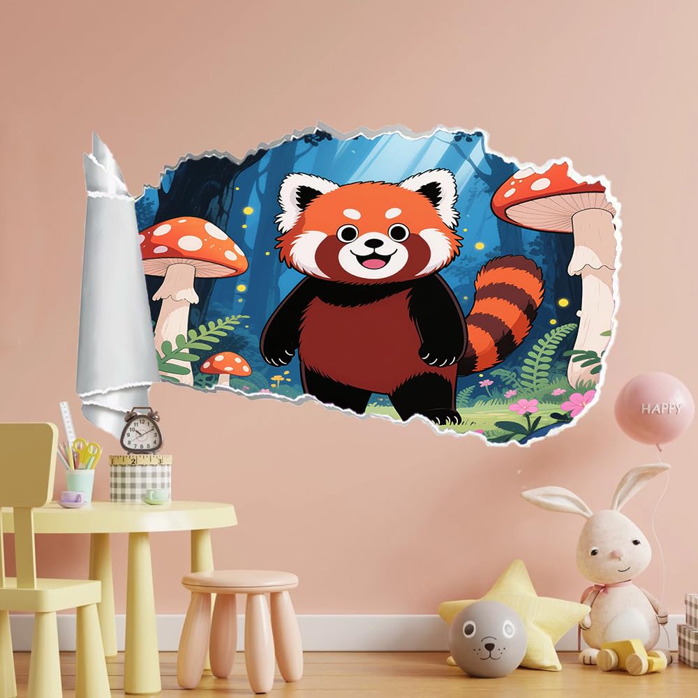 Wandtattoo 3D Durchbruch Roter Panda Wandsticker Wanddekoration selbstklebend Waldpilze Wandaufkleber Deko Schlafzimmer Wohnzimmer Kinderzimmer Kunst Wohnkultur Wandbilder