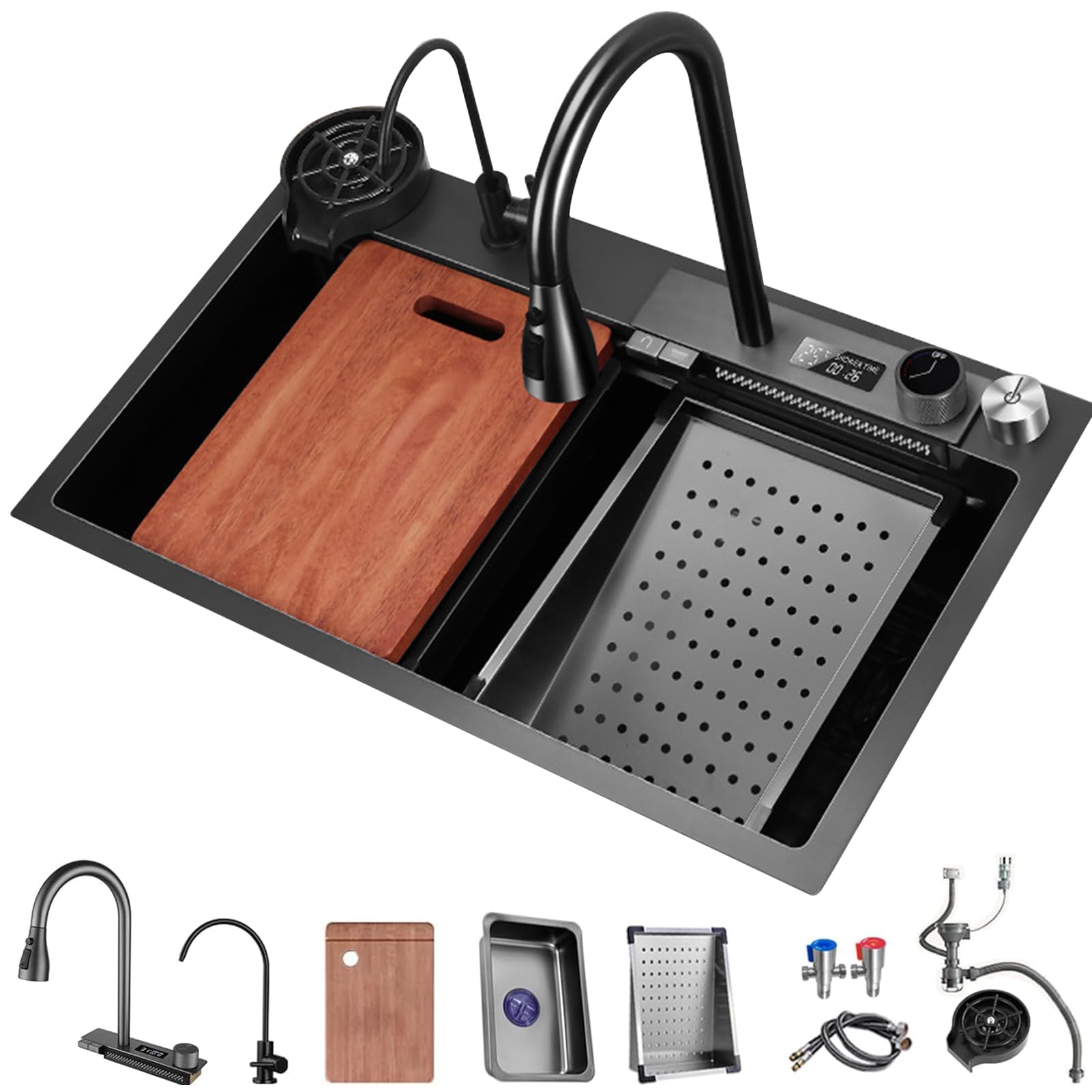 ZQFHSX Digital Display Flying Rain Waterfall Sink,Kitchen Sink,304 Stainless Steel Bar Sink, With Cup Washer Sinks, Drop-In Or Undermount Installation (Color : Black grey-A, Size 75x46x23.5cm)
