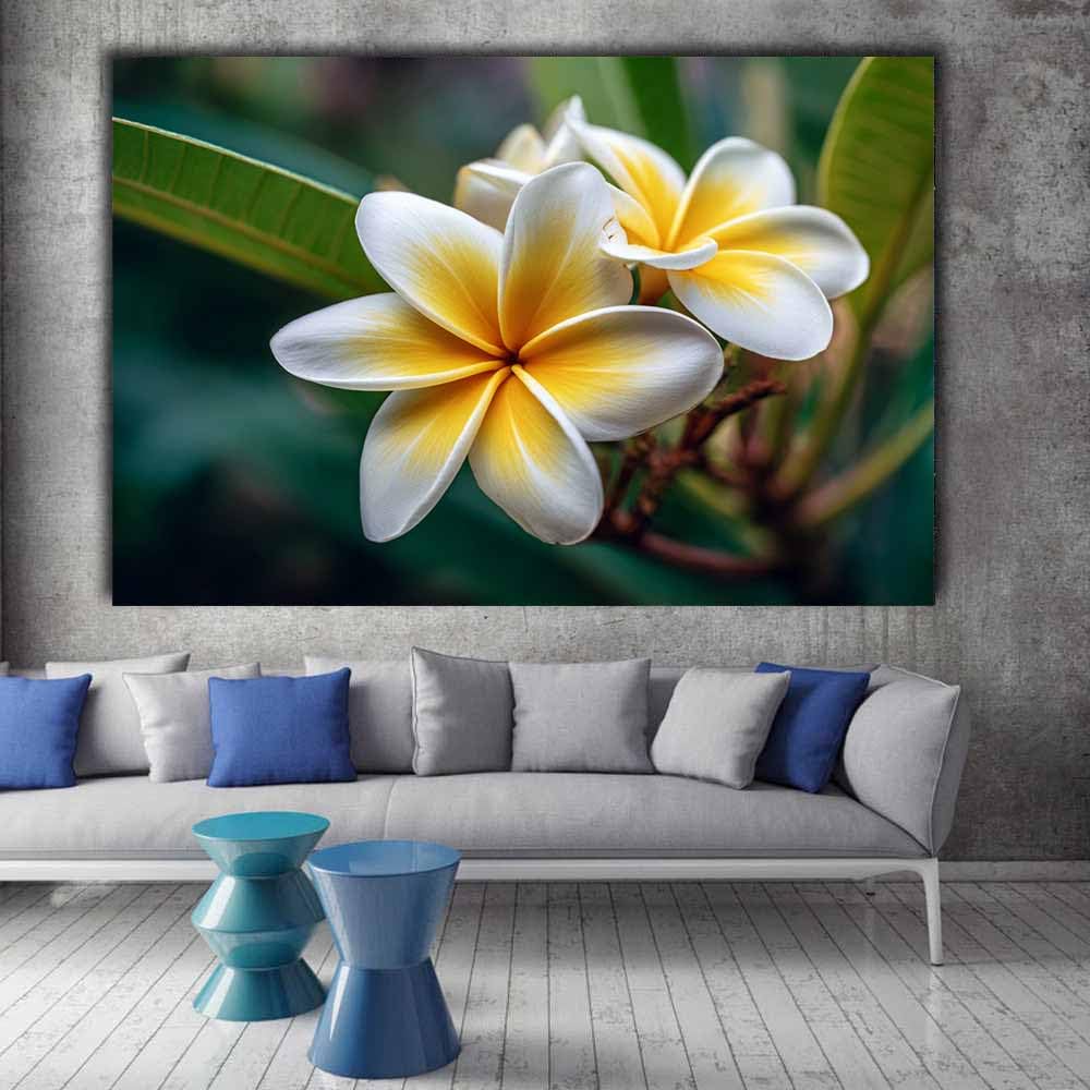 WUFIEA florales Impresiones en lienzo con motivos frangipani Para sala de estar, sala de yoga, baño, dormitorio, oficina（amarillo-70x100cm Enmarcado