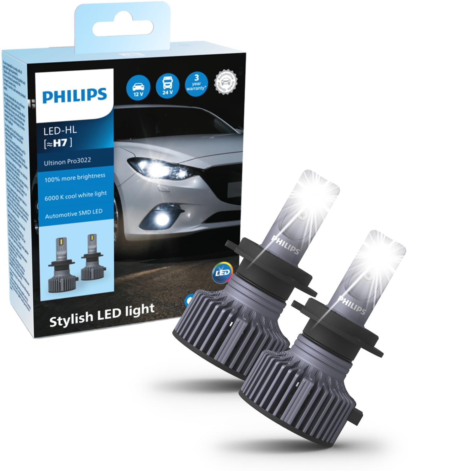 Philips Ultinon Pro3022 Żarówka samochodowa LED (H7), +100%, białe i zimne światło 6 000 K, zestaw 2 szt