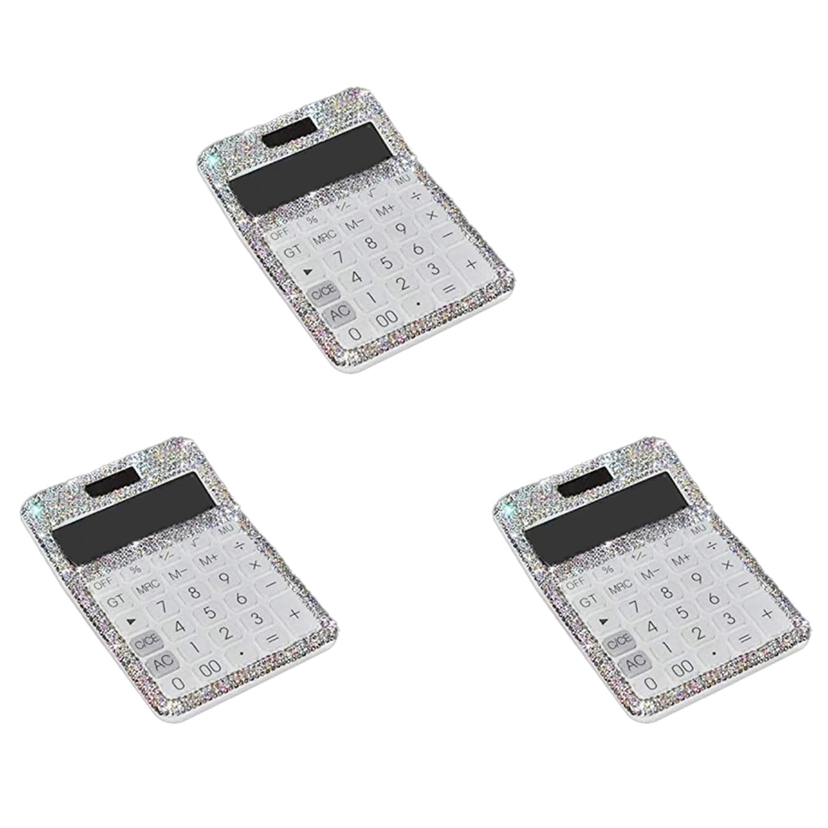 3X di Strass Abbagliante 12 Cifre Solare e Doppia Alimentazione A Batteria, Calcolatrice Display LCD per Ufficio, Bianca Scuola