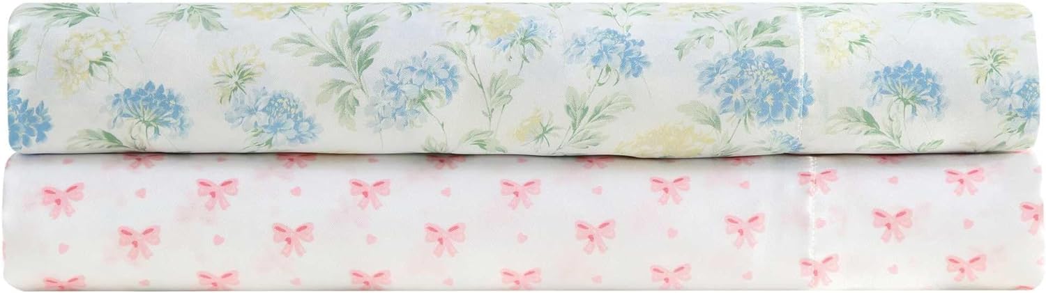 Laura Ashley - Full Size Sheet Set, Crisp & Cool Printed Satin Bedding with a Light and Breathable Feel, 4 Piece Bed Sheets with Deep Pocket Fitted Sheet & Matching Pillowcases (Edwina Blue)