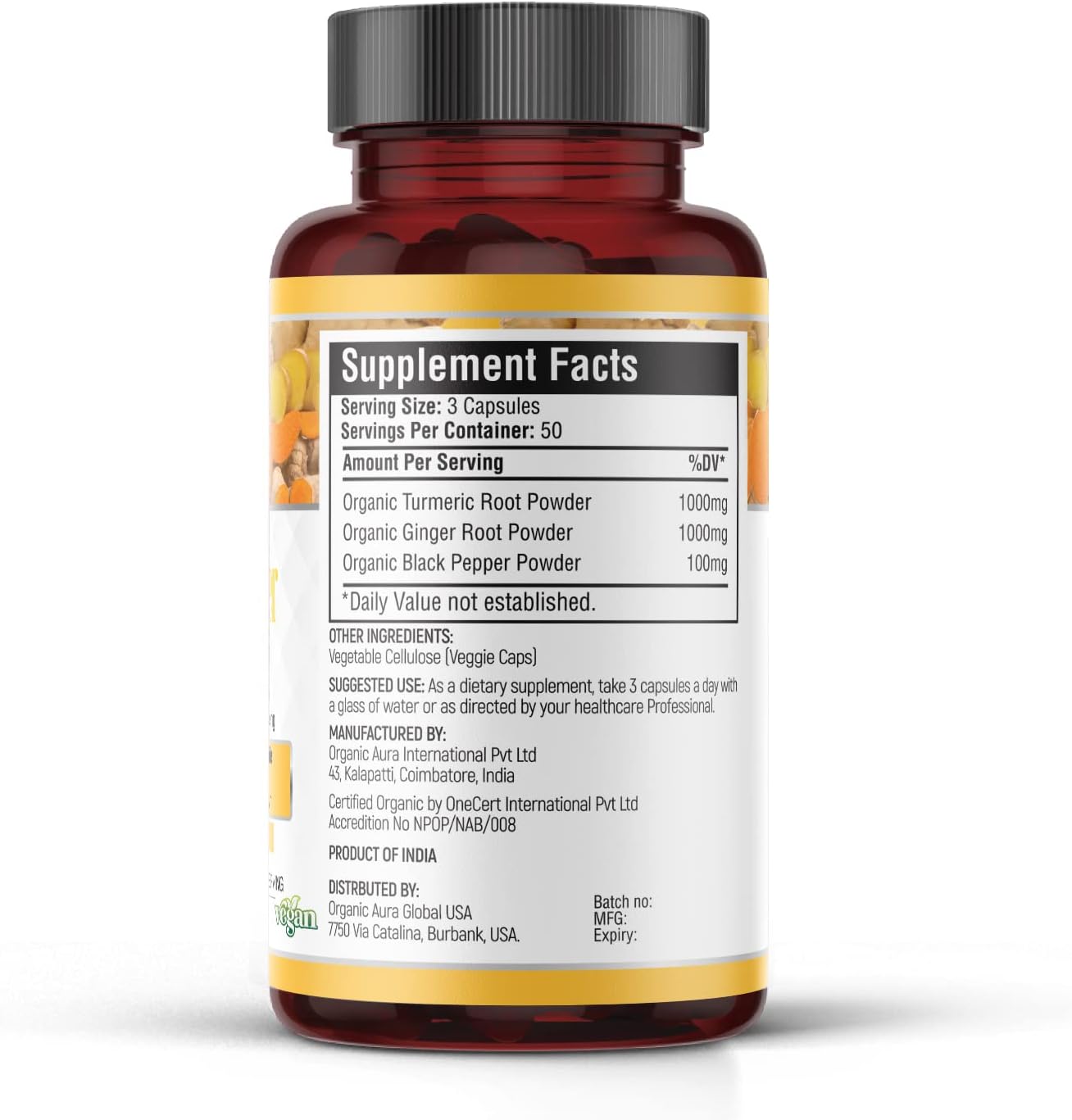 Turmeric Ginger Capsule - 150 Veg. Max Strength Pure High-Potency Curcumin and Zingiber officinale. Supports Joints, Mobility, and Flexibility.