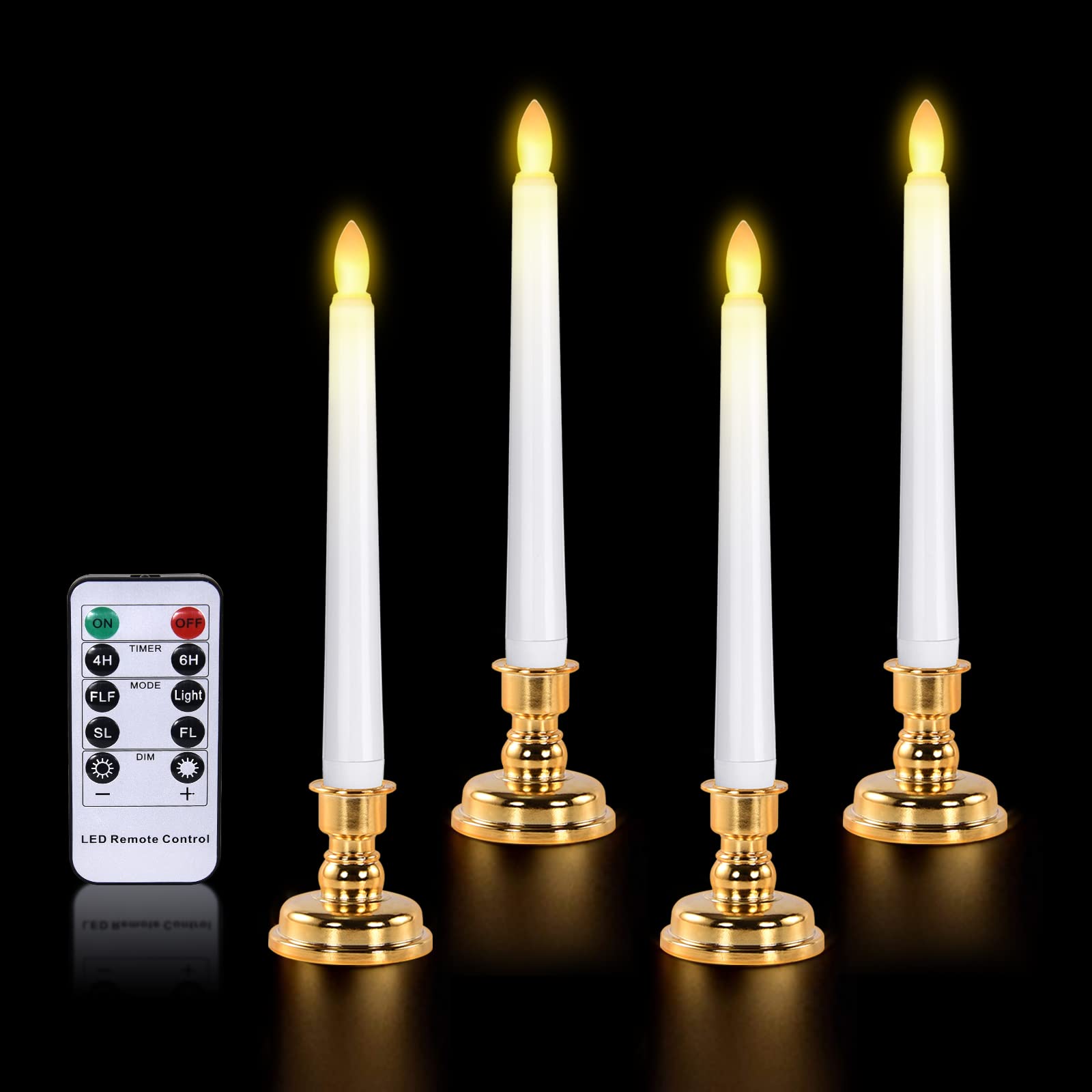 cimetech LED Flameless Candles, Taper Candle Lights, Waterproof Battery Operated Candle with IR Remote Control, Realistic 3D Wick and Gold Base, for Home, Churches, Wedding, Table, Party (4 Packs)