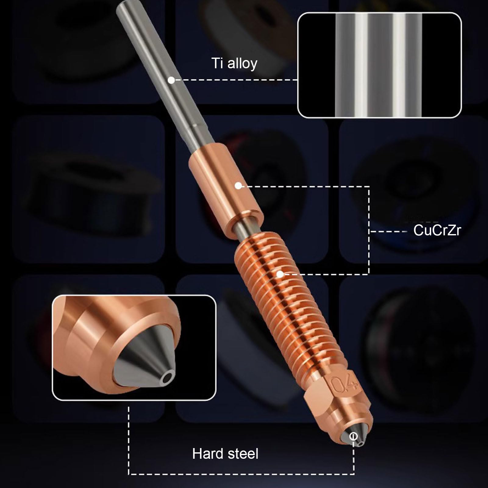 Kit de Boquilla de Acero Endurecido, Boquilla de Impresora 3D Bimetal de la Boquilla de Desconexión Rápida Tubería de Extremo Caliente 0.2 0.4 0.6 0.8 Mm para K2 Más