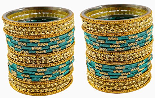 Image of NMII Radium Color Silk Thread & Glass Bangles Set For Girls & Women (Radium,2.6)