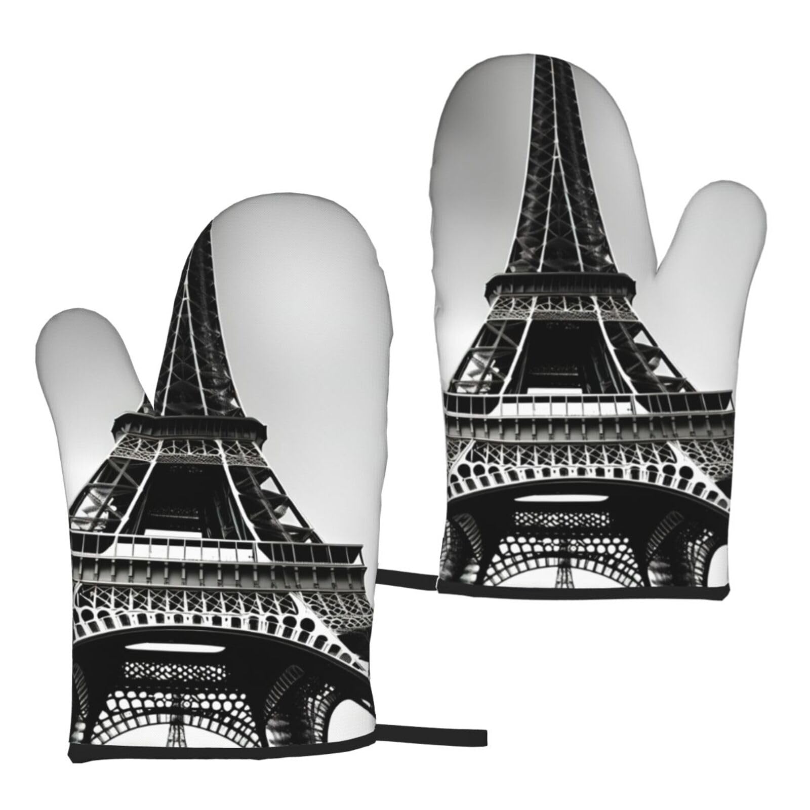 Black Paris Eiffel Tower Print Heat Resistant Universal Fit Oven Microwave Gloves Home Cooking Baking Grilling