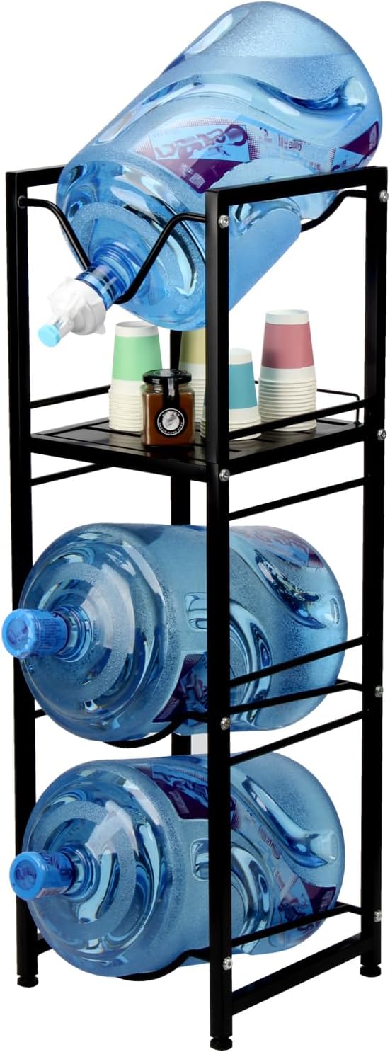 5 Gallon Pour Jug Holder for 3 Bottles with Spigot Storage Shelf, 4 Tier Heavy Duty Water Dispenser Stand, Bottle Rack Organizer for Home, Kitchen, Office, Living Room, Black