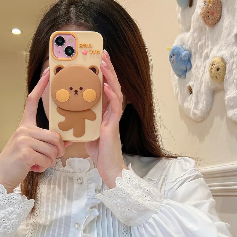 Image of COVERLY for iPhone 15 3D Teddy Bear Mirror Cartoon Stand Case,Premium Silicone Case Full Protective Cute Feel Love with Phone Holder Cool Makeup Mirror Cute Kawaii Aesthetic Cover for Apple iPhone 15