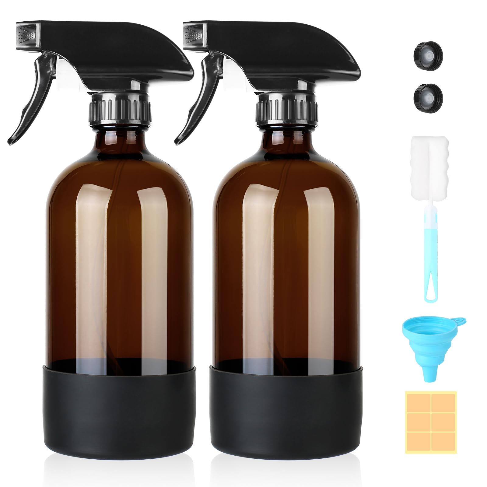 2 Piezas Botella Spray Pulverizadors, 480ml/16oz, Spray Bottle Cristal con Rociador Ajustable, Bomba, Tapas, Funda, Embudos, Cepillos y Etiquetas para Limpieza, Hogar, Plantas, Peluquería