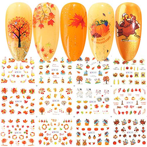 3D Fall Nail Art Stickers Thanksgiving Nail Decals Water Transfer Maple Leaf Design Nails Stickers Autumn Maple Leaves Pumpkin Decals for Women Kids Girls DIY Manicure Decorations (12 Sheets)