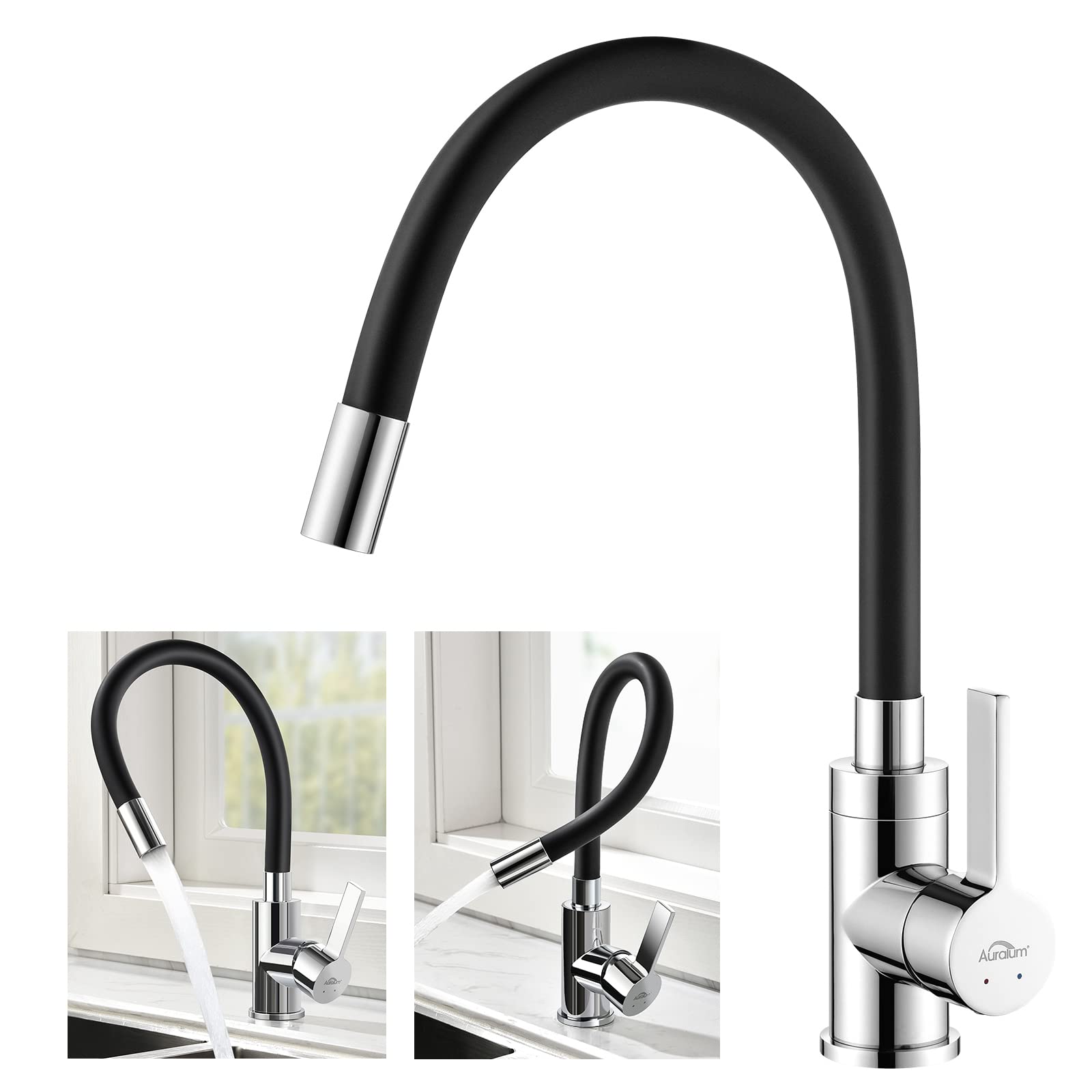 Auralum Rubinetto Lavello Cucina Nero con Beccuccio Flessibile | Miscelatore Cucina Girevole a 360°, Rubinetto Cucina Monocomando da Alta Pressione