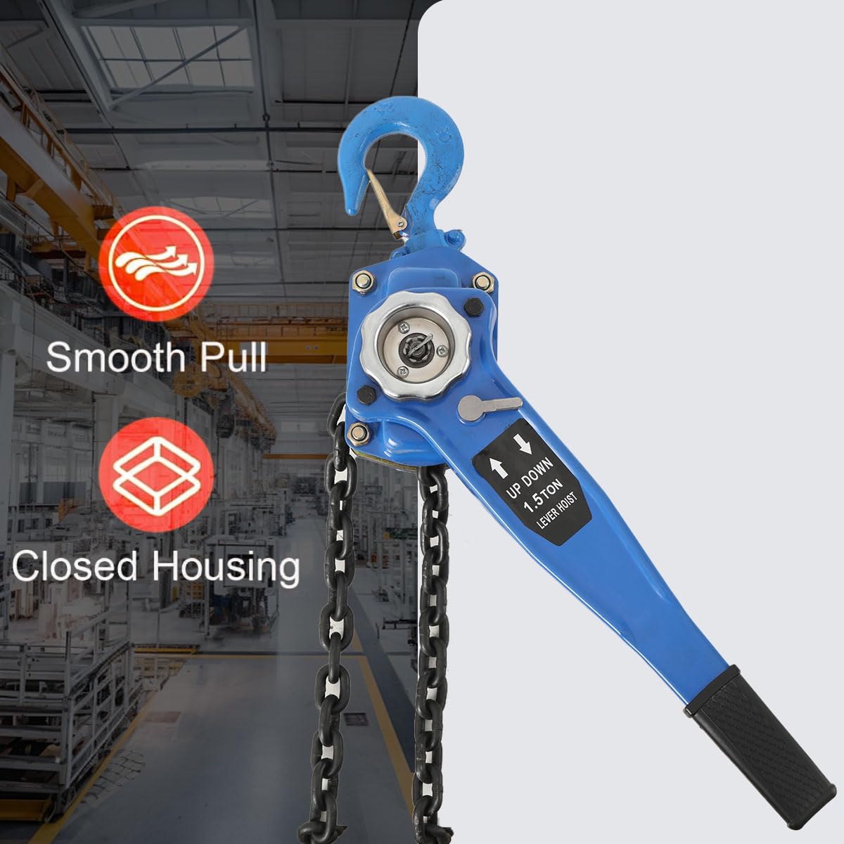 Hebelzug-Kettenzug 1.5T, 3m Kettenlänge, mit Freilauffunktion | Handseilwinde 1,5T, 3m Kette, Freilauf + Lastbremse, für Bau/Transport.