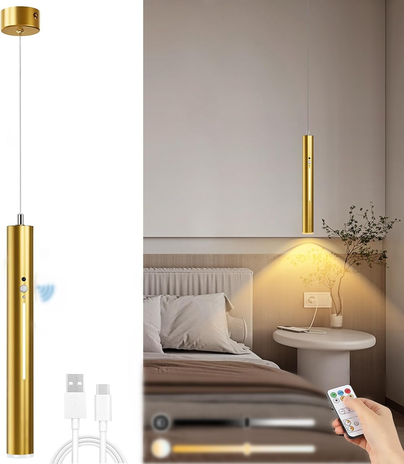 Lightess Battery Operated Pendant Light with Motion Sensor, 3 Color Dimmable Rechargeable Hanging Light with Remote, Modern Gold Pendant Light Fixtures for Dining Room Hallway Bedroom