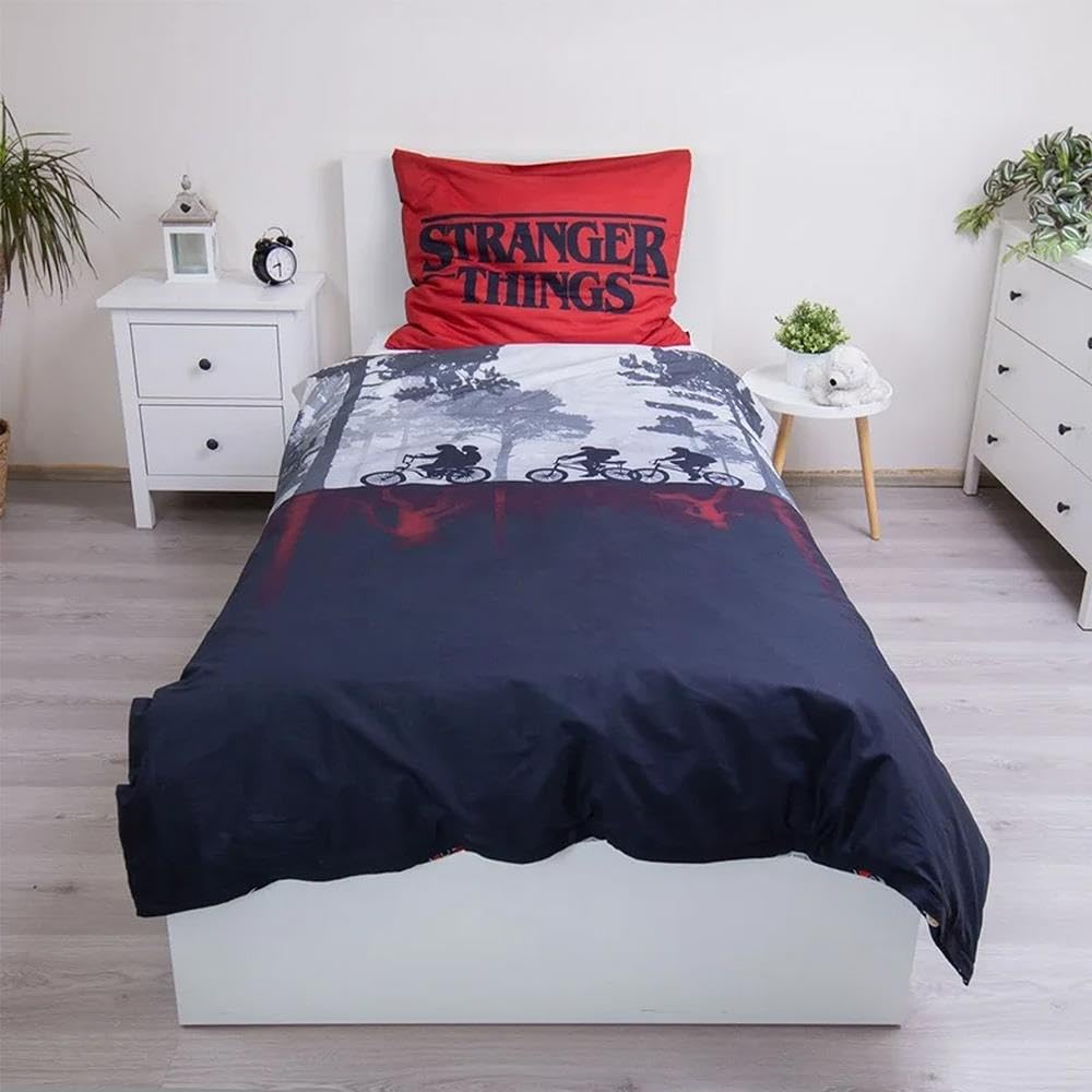Jerry Fabrics Stranger Things - Juego de funda nórdica individual y funda de almohada con diseño de cabeza boca abajo, tamaño europeo para niños, adolescentes, fans en colores negro y rojo