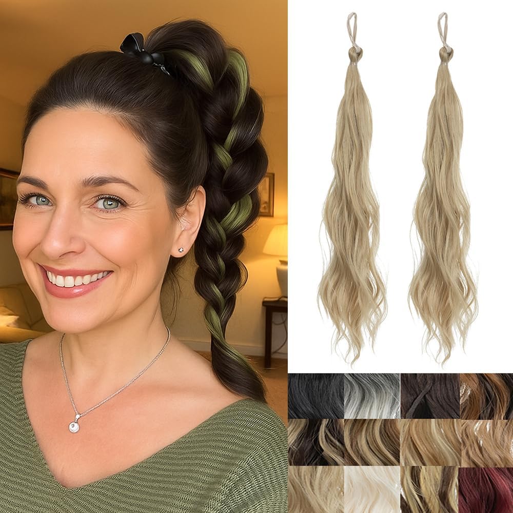 2-teilige geflochtene Perücke, postiche avec élastiques ondulés et bouclés, chignon synthétique et queue de cheval, extensions de cheveux, postiche épais pour femmes（Ash Blonde）