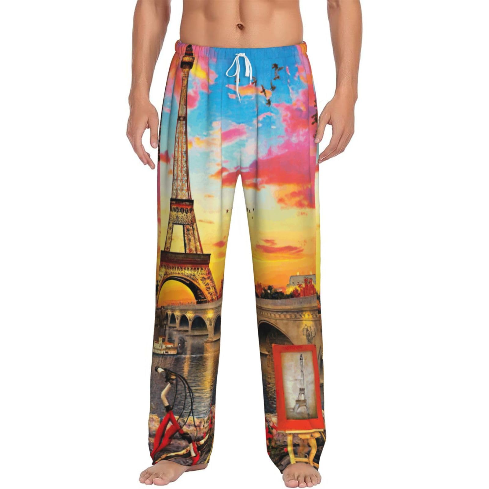 Sdegtho Men's White Eiffel Tower Paris Pajama Pants Soft Light Long Sleep Bottoms Pj With Drawstring And Pockets