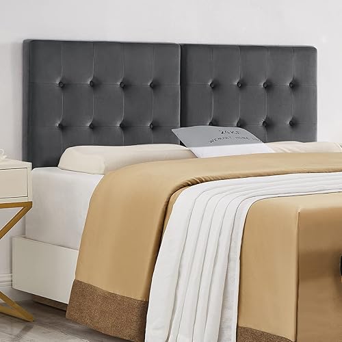 24KF 6035-Q-Q - Cabecera capitonada para montar en la pared con botones y acolchada de terciopelo suave y cómoda, tamaño Queen  Matrimonial, color