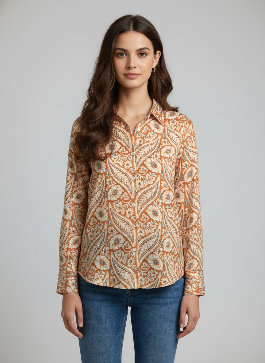 ANNI Designer Bedrucktes Damenhemd aus Baumwollmischgewebe, langärmelig, normale Passform, Hemdkragen, legere Bürokleidung, elegante Western-Kleidung für den Alltag, Hochzeit, Party