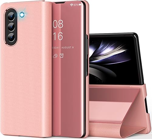 Funda compatible con Samsung Galaxy Z Fold 5 5G, con espejo, de piel, delgada, transparente, S-View, a prueba de golpes, con función atril,