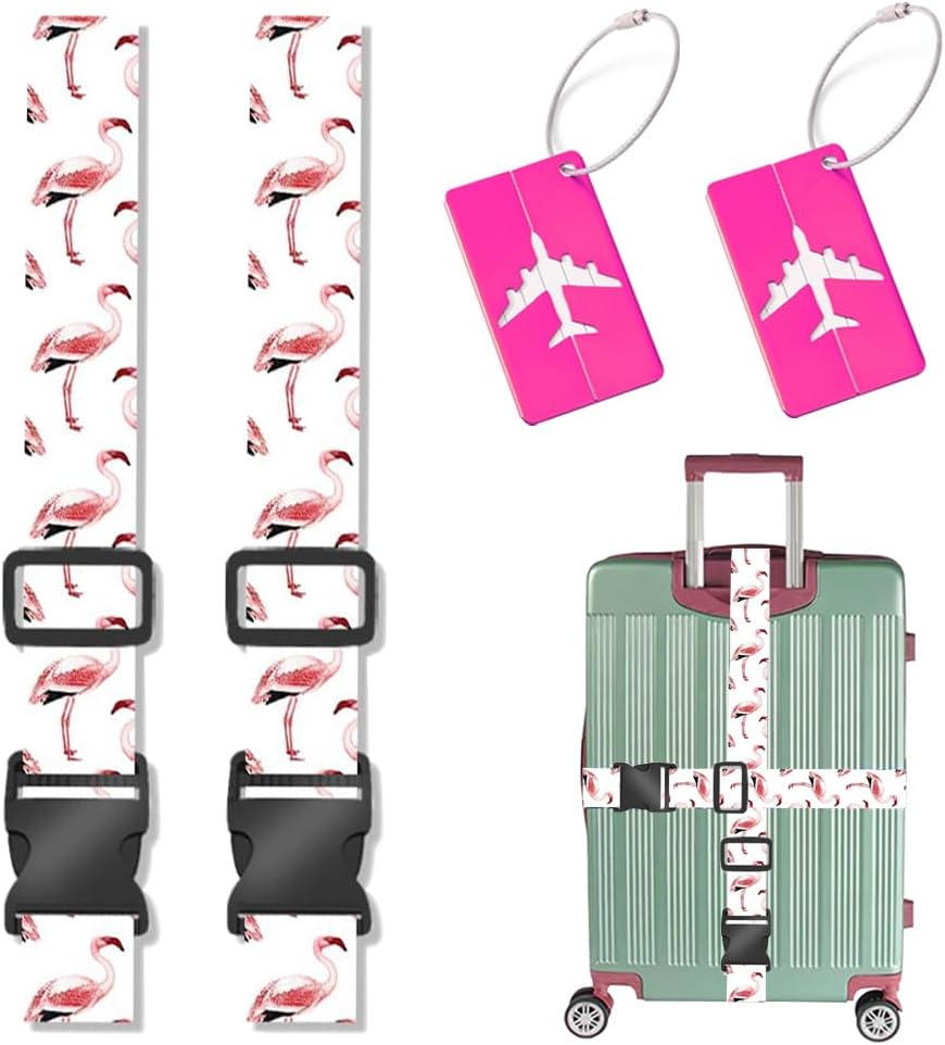 XFSRG Lot de 2 Sangles pour Bagage Flamant Sangle Valise avec 2 Pièces Étiquette Bagage Sangle de Bagage Réglables Voyage Accessoires pour Voyager Avion Bagages Fixes (Set C)
