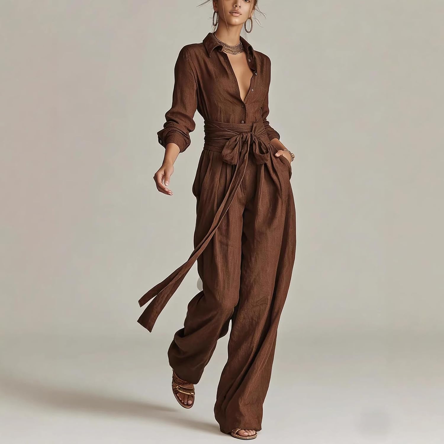 Women Business Trendy 2 Piece Set Long Sleeve Button Down Shirts Wide Leg Streetwear Trousers with Pockets