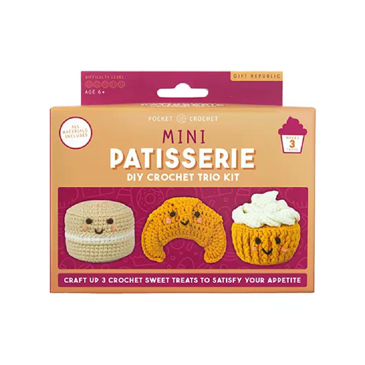 Mini Patisserie Crochet Kit – DIY Crochet Dessert Trio for Beginners | Make Croissant, Cupcake & Macaron | Complete Craft Kit with Hook & Yarn | Ages 6+