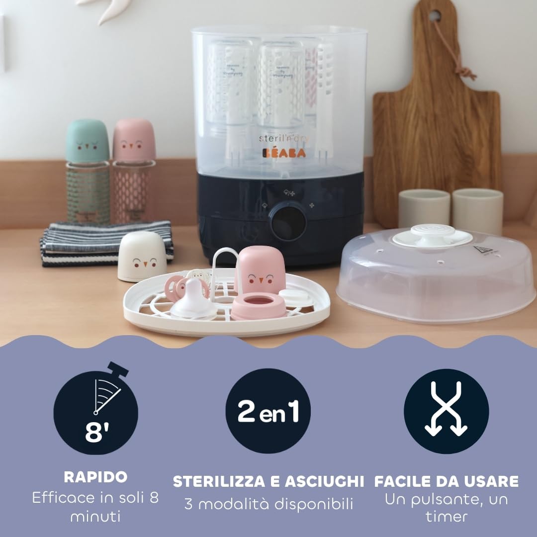 BEABA Sterilizzatore biberon e Asciuga per Accessori 2 in 1, 2 Scomparti, 3 Modalità Senza Filtro, Regolabile, Facile e Veloce, Steril'n'dry, Blu Notte